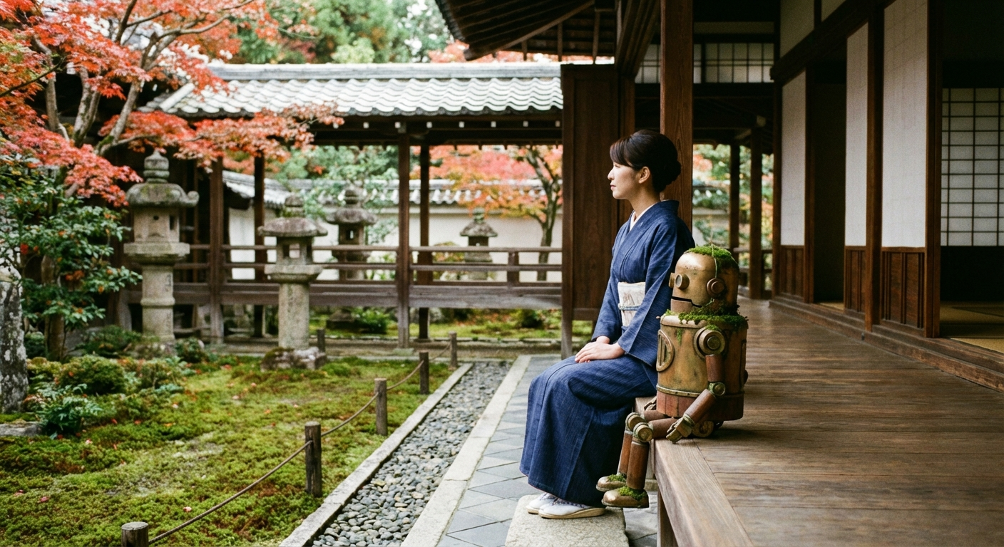 可愛い日本人女性が京都の寺院の縁側で小さなロボットと穏やかに共存している様子