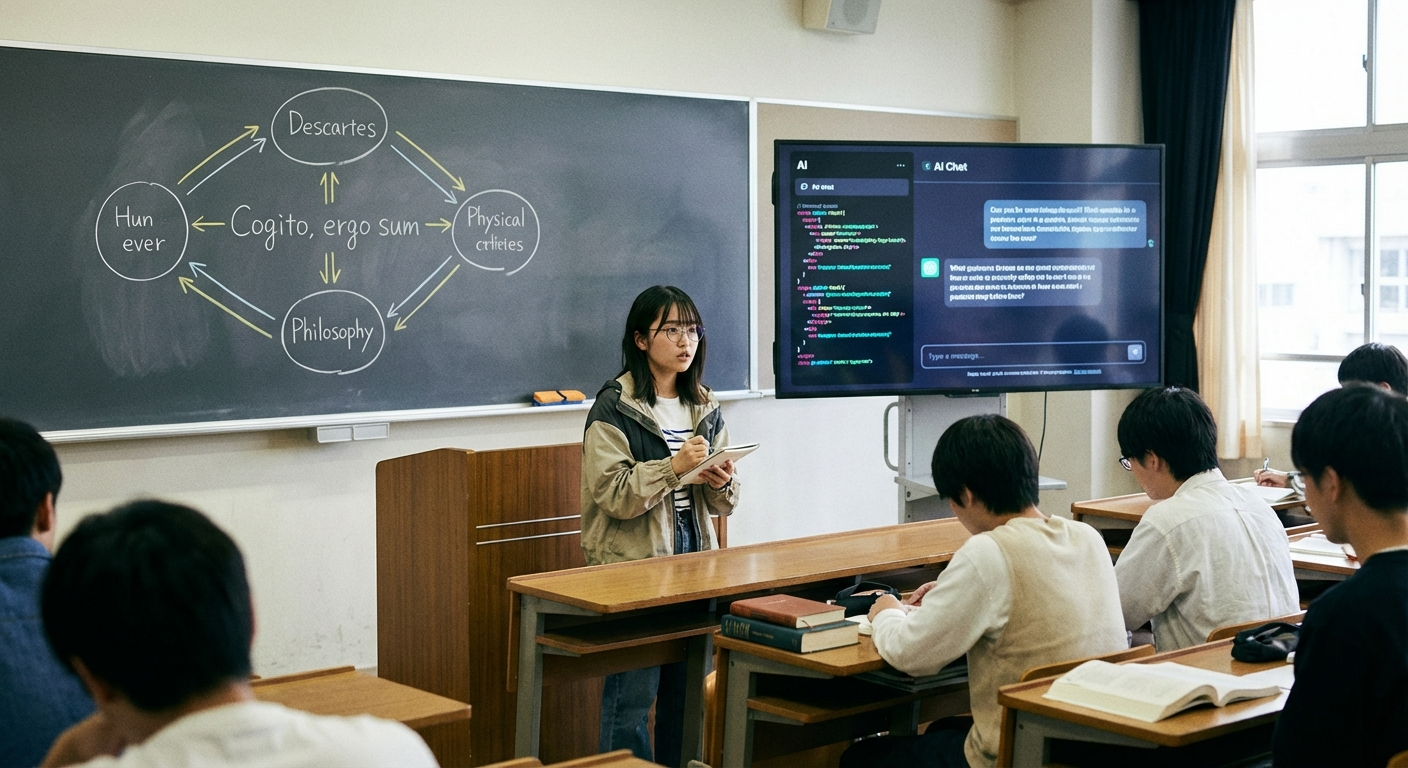 可愛い日本人女性が大学の講義室で哲学の講義を聴いている様子