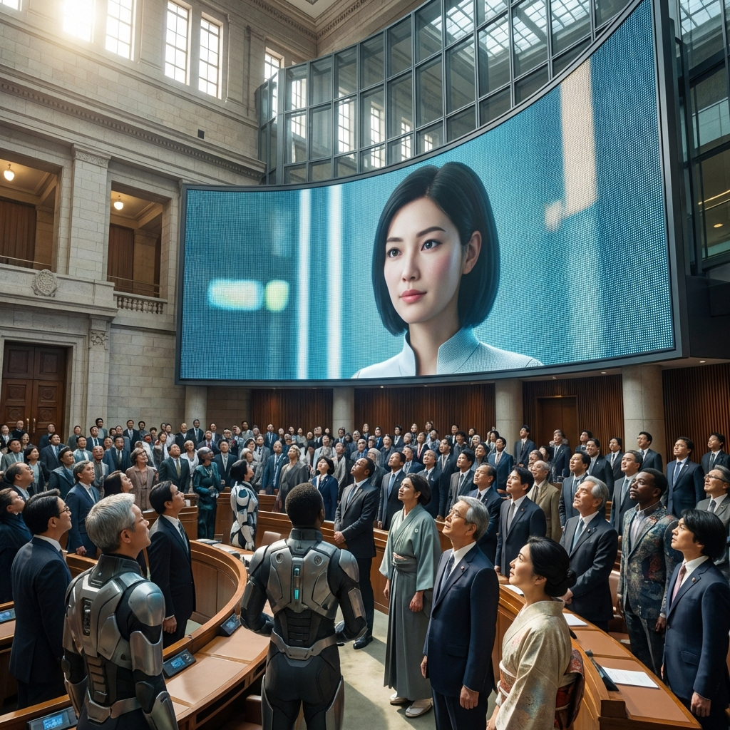 議会でAIアバターが映し出されている様子