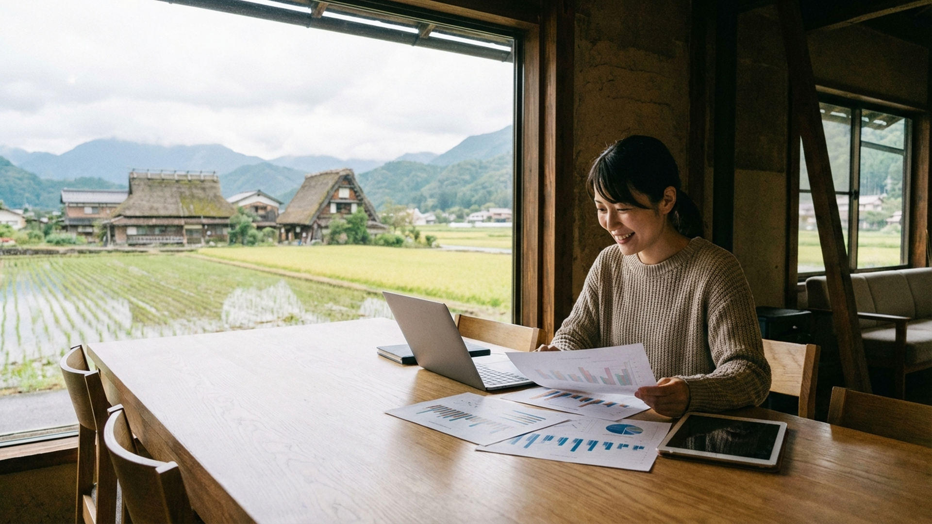 田園風景を背景に可愛い日本人女性がデータ分析資料を確認している様子