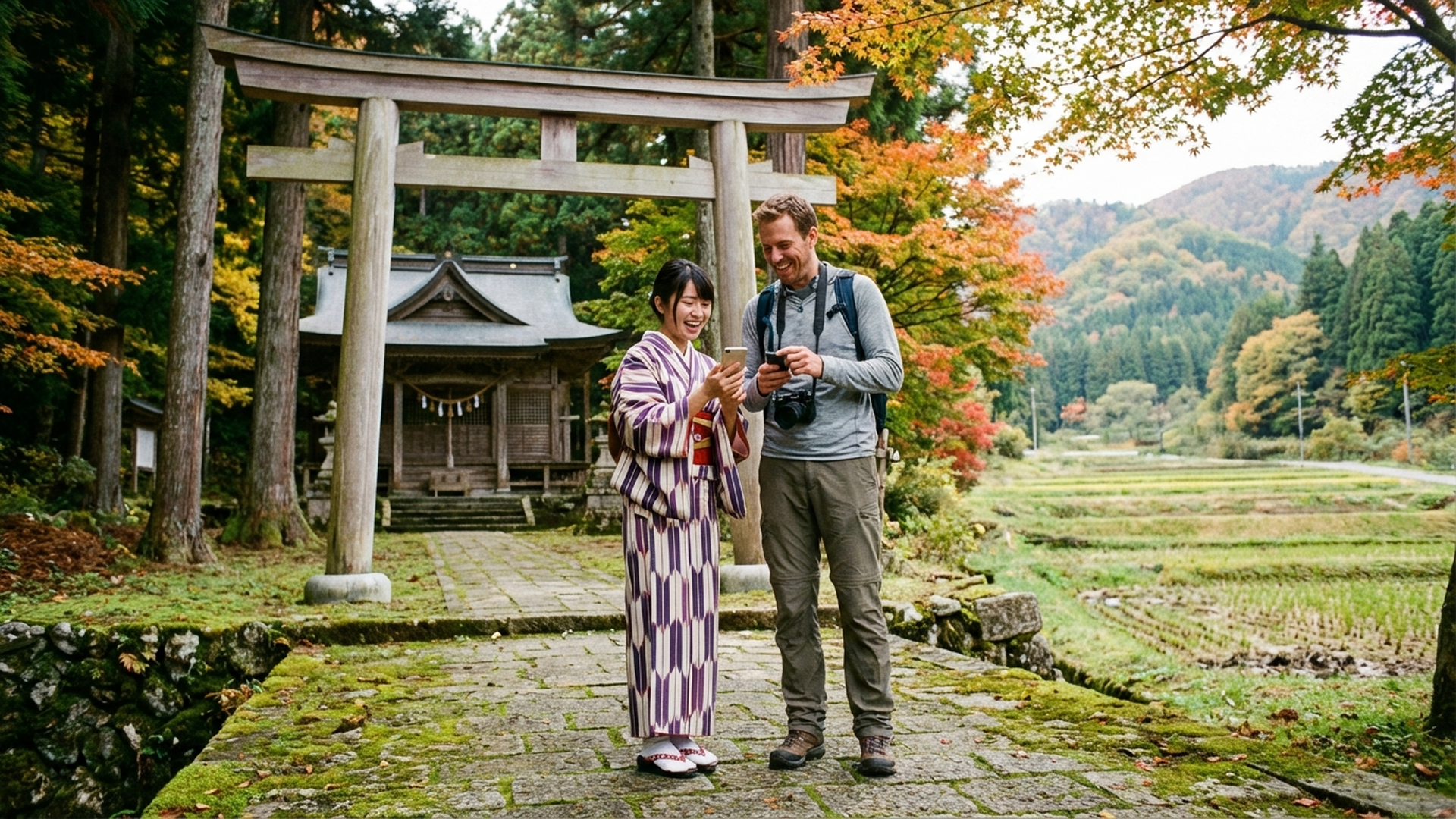 日本の地方観光地で外国人観光客と可愛い日本人女性ガイドがスマートフォンを見ている様子