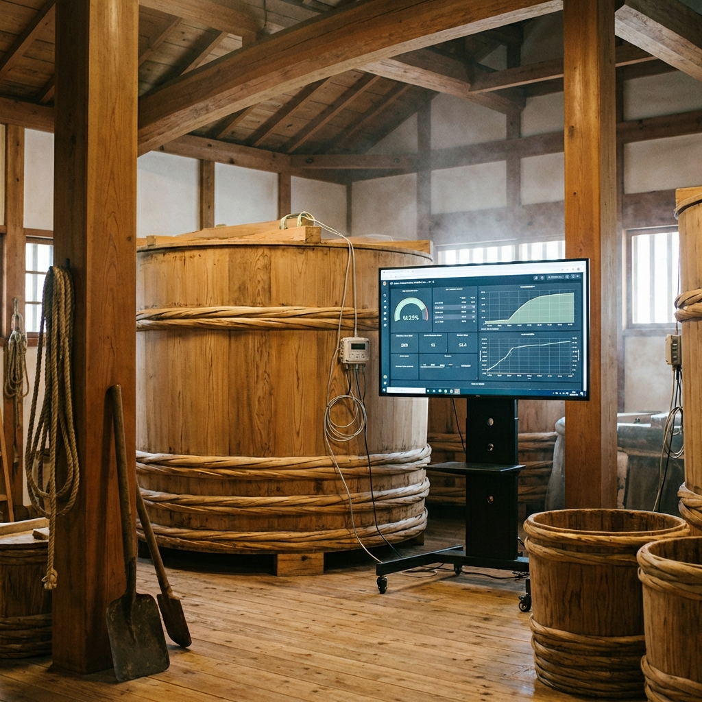 日本の酒蔵でAIモニターが設置された醸造タンク