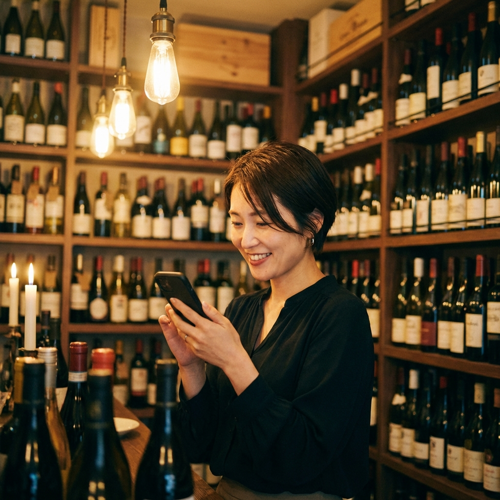 AIソムリエアプリでワインを選ぶ女性