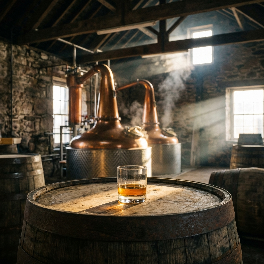AI生成ウイスキーのイメージ、蒸留所の風景