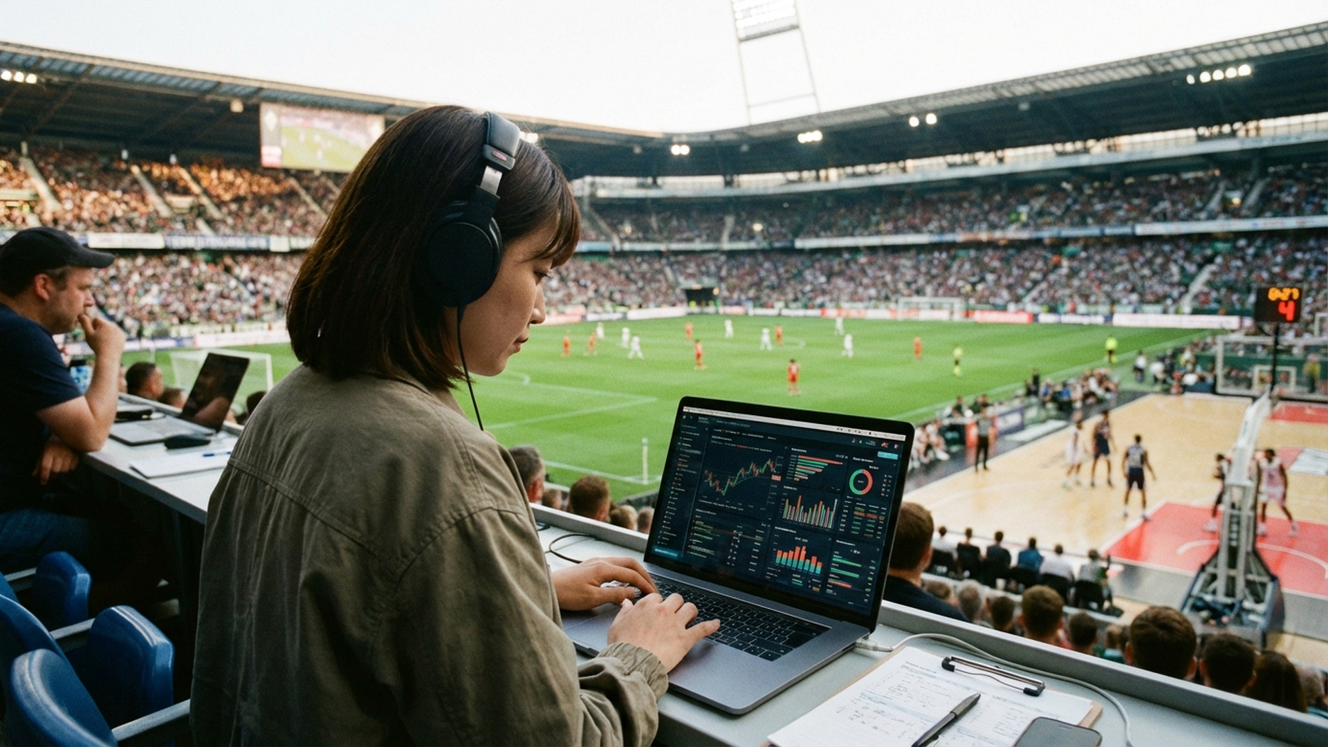 スポーツスタジアムのフィールドサイドで可愛い日本人女性アナリストがノートPCでデータ分析をしている様子