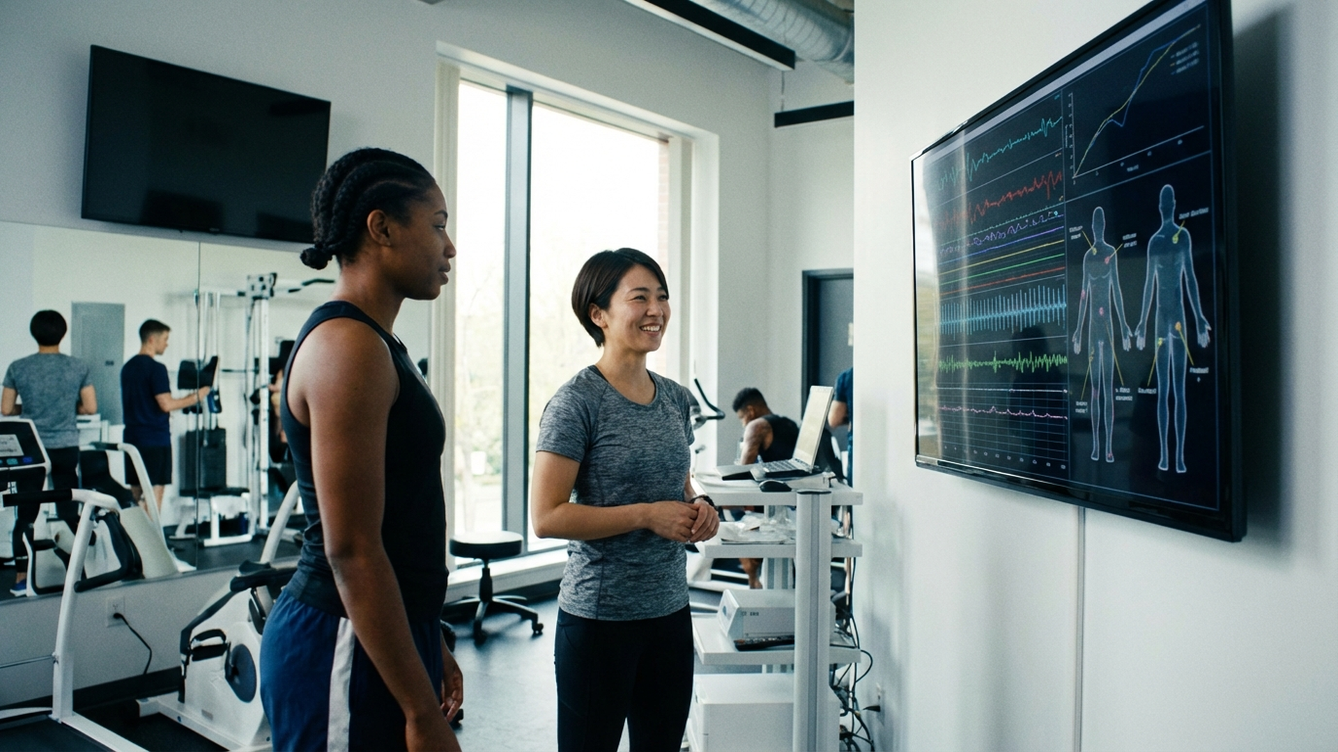 スポーツ医学のトレーニングルームで可愛い日本人女性トレーナーが選手の身体データをモニターで確認している様子
