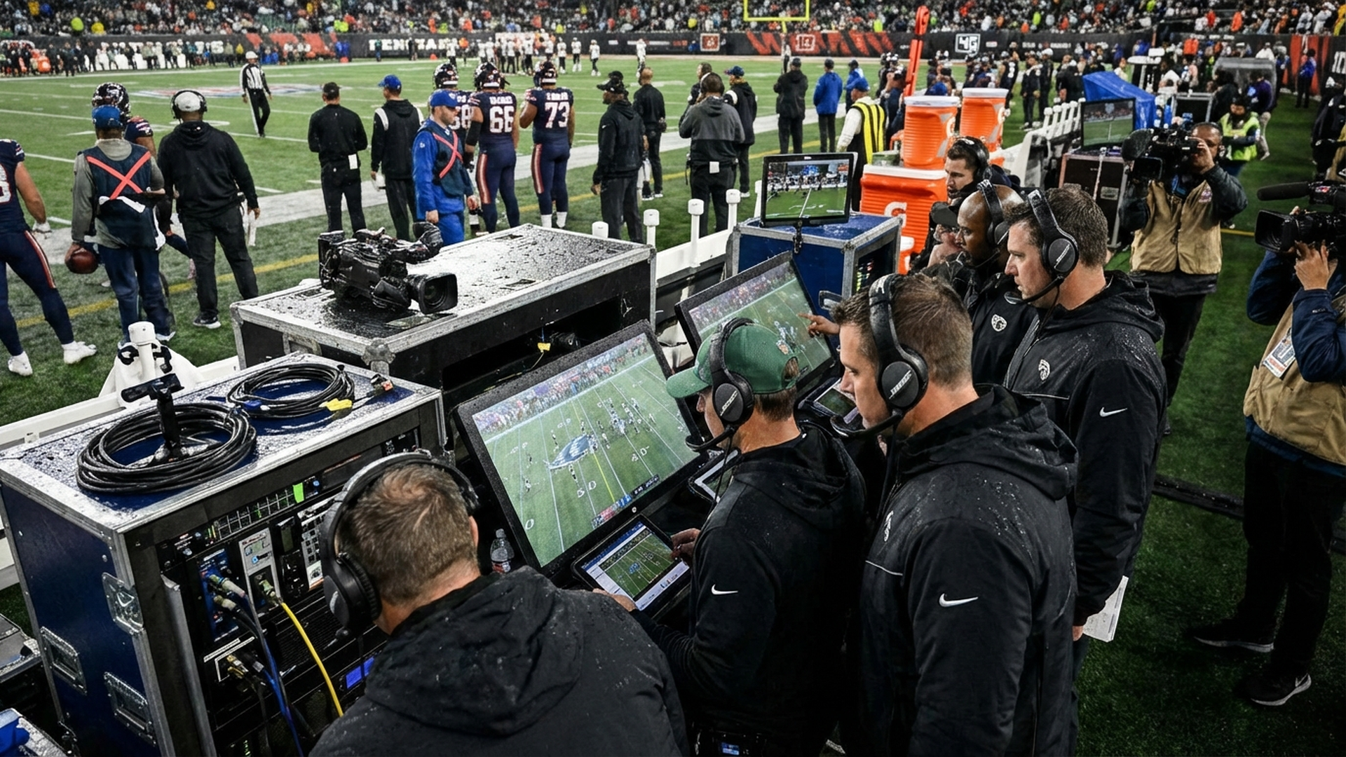 アメリカンフットボールのサイドラインでコーチたちがタブレットやモニターで戦術を分析している様子